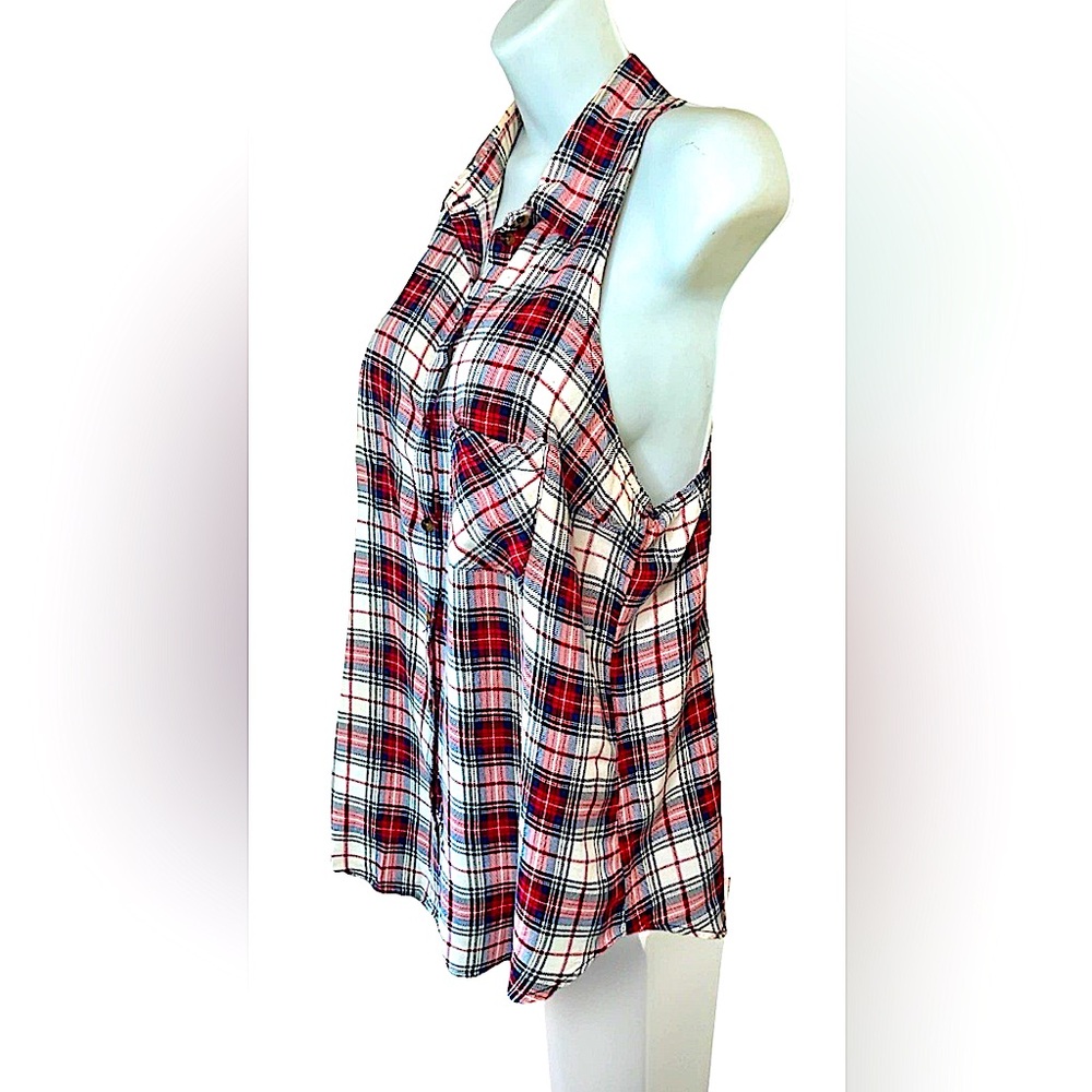 🇺🇸POLY & ESTER🇺🇸 SLEEVELESS PLAID COLLARED BUTTON FRONT POCKET ROCKABILLY TOP